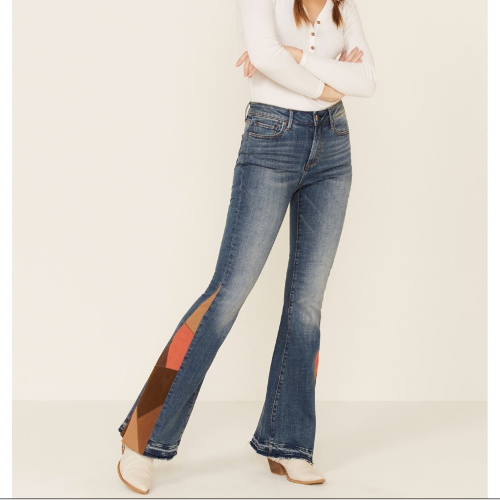 DRIFTWOOD WOMEN’S SUEDE PATCHWORK FLARE JEANS size 26
